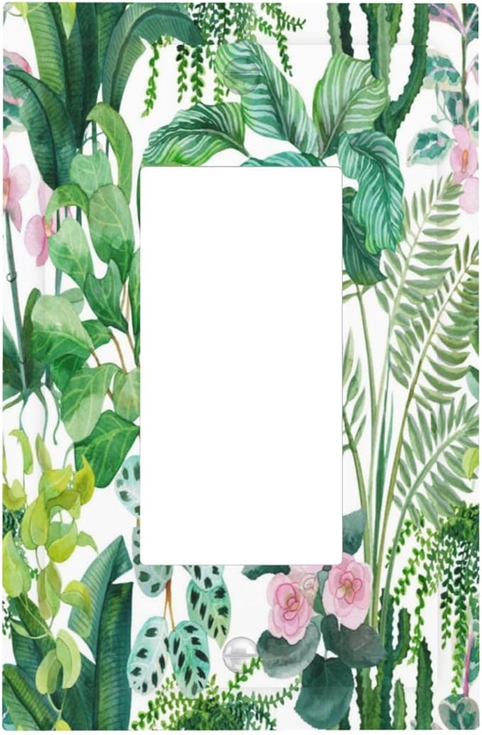 Tropical Palm Leaves Green Jungle Botanical Floral Flowers Decorative Outlet Covers 1 Gang Single Rocker Light Switch Cover Plate Wall Plates GFCI Faceplate for Bedroom Living Room Decor