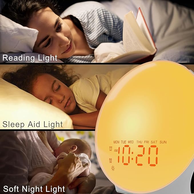 JALL Sunrise Alarm Clock with 25 Soothing Sounds, White Noise Sound Machine for Sleep, Sunset Lamp & 5W Bluetooth Speaker, Dual Alarms for Heavy Sleepers, Kids, Adults, Bedrooms, Wood Grain