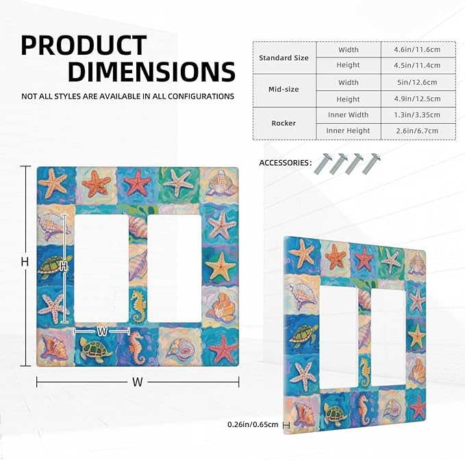 Sea Turtle Starfish Ocean Double Rocker Wall Plate Decorative 2 Gang Light Switch Covers Electrical Switchplate Home Decorate Faceplat for Bathroom Bedroom Kitchen Room 4.5 x 4.5 Inch