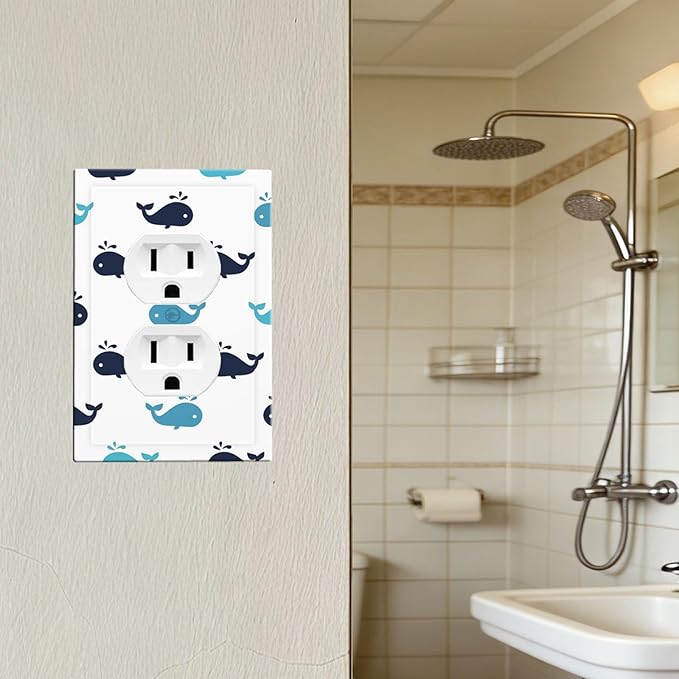 Cute Blue Whales Duplex Wall Plate - 1-Gang Standard US Size Nautical Whale Pod Outlet Covers, Minimalist Coastal for Nursery Decor