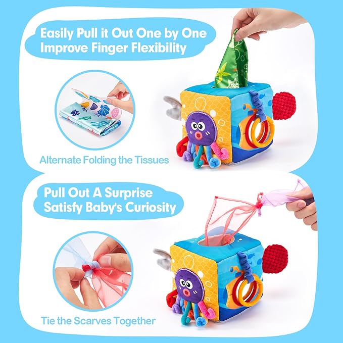 hahaland Baby Tissue Box Toy - Baby Toys 6-12 Months Montessori Toys for 6 Month Old with Textured Tails, Crinkle Tissues, Squeaky, Mirror, Play Silks Sensoy Scarves Baby Gifts 9 Month Old Travel Toys