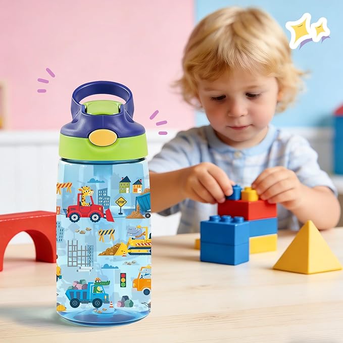 14oz Cute Cartoon Animals Kids Water Bottle with Straw Lid - Vehicles Water Bottles for Kids, Leakproof, Lightweight, Durable Plastic Bottles for School, Animal construction team Gift Cup for Teens