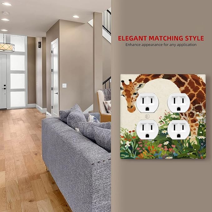 Giraffe Double Duplex Receptacle Outlet Cover Wall Plate Decorative 2 Gang Light Switch Covers Electrical Switchplate Home Decorate Faceplat for Bathroom Bedroom Kitchen Room 4.5 x 4.5 Inch
