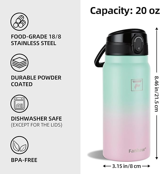 Fanhaw 20 Oz Insulated Stainless Steel Water Bottle with Chug Lid – Wide Mouth, Leak-Proof, BPA-Free – Ideal for Kids, Adults, Sports, Gym, and Outdoor Use (Green Pink)