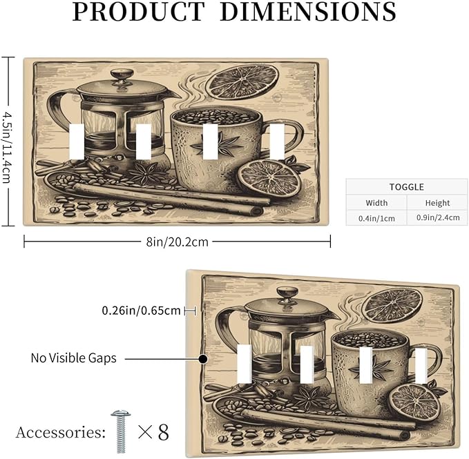 Light Switch Cover Plate Beige Vintage Rustic Coffee Beans Spice 4 Gang Quad Toggle Decorative Switch Plates Electrical Wall Plates Faceplate for Kitchen Coffee Bar Decor