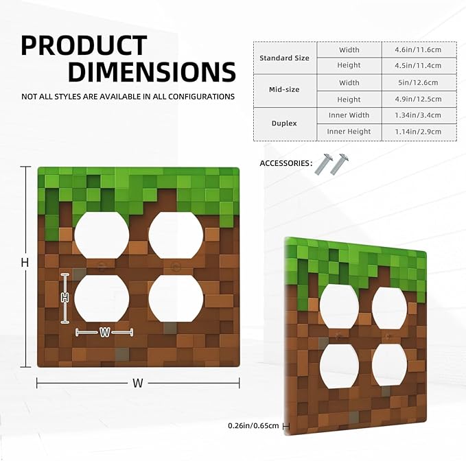 Pixel Style Gamer Themed Grass Block Outlet Covers 2 Gang Double Duplex Decorative Light Switch Covers Electrical Wallplates Socket Faceplate for Kids Room Office Home Decor
