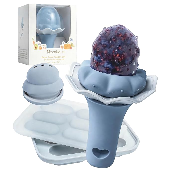 Moonkie Baby Fruit Feeder with Freezer Tray, BPA Free Silicone Food Feeder for Infant Self Feeding, Breastmilk Popsicle Molds, Mesh Feeder with Two Pouches, Baby Shower Gifts 4 Months+, 1 Pack