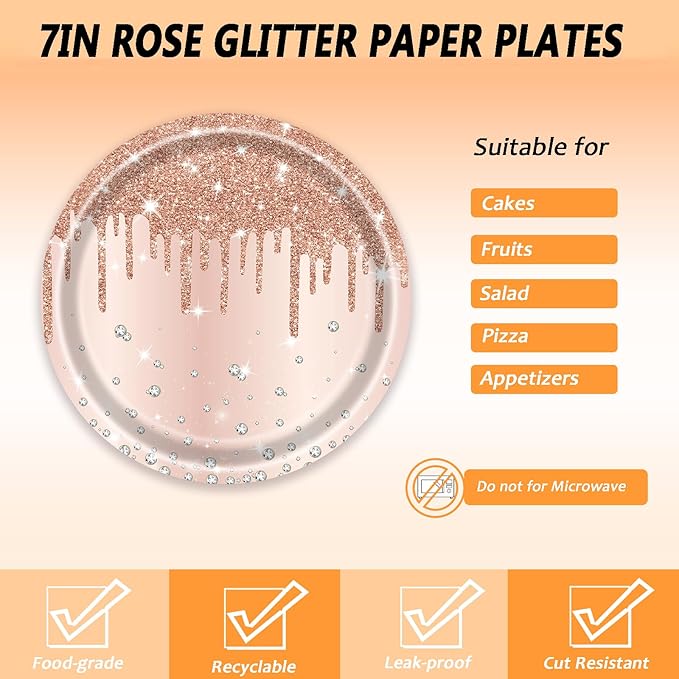 72 Pcs Rose Glitter Paper Plates 7in Disposable Dinner Plates Napkins and Forks Party Tableware Set Decoration Supplies for Girls Birthday Bridal Shower Wedding Ceremonies Anniversary Party, Serve 24