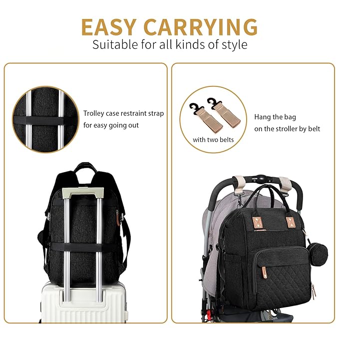 GurZinn Diaper Bag Backpack with Changing Station Portable 3 in 1 Multifunction Backpack Travel mommy bag Stroller Black