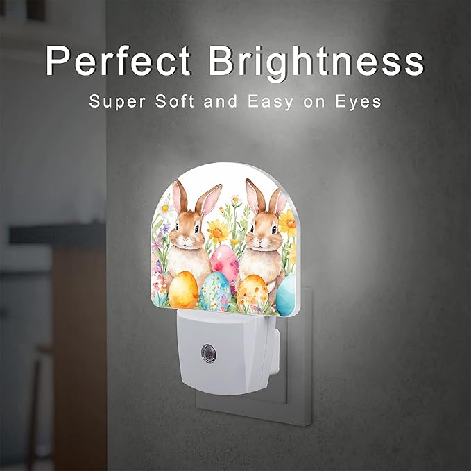 Easter Bunnies and Eggs Night Light for Kids,Cute Easter Rabbit and Flowers Plug in Night Light with Dusk to Dawn Sensor, 0.5w Energy Saving Nightlight for Hallway Stairway Kitchen Bedroom