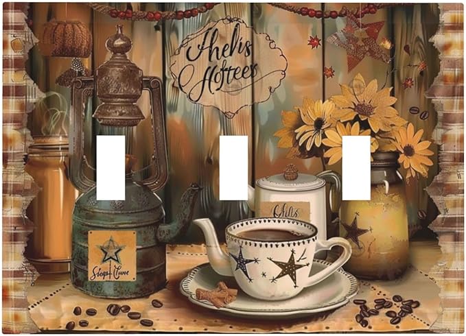 Decorative Switch Plate Covers Vintage Coffee Pot Star Farmhouse Wood Plank 3 Gang Wall Plate Light Switch Cover Plate Triple Toggle Jumbo Electrical Faceplate for Bedroom Kitchen Decor