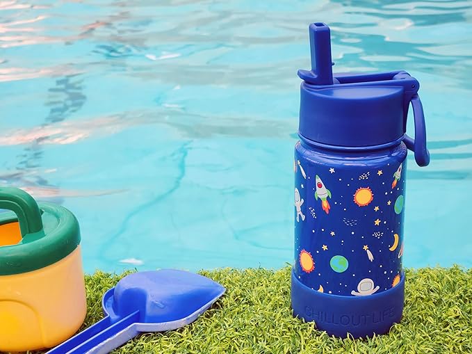 CHILLOUT LIFE 12 oz Kids Insulated Water Bottle for School with Straw Lid Leakproof and Cute Waterproof Stickers, Personalized Stainless Steel Thermos Flask Metal Water Bottle, Blue Space