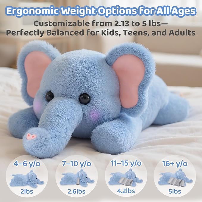 Mewaii Weighted Stuffed Animals with Microwavable Heating Pad - 5 lbs Adjustable, Heatable & Coolable Elephant Plush for Realistic Hug, Removable Inner Pad, Perfect Plush Gift for Kids (23 Inch)