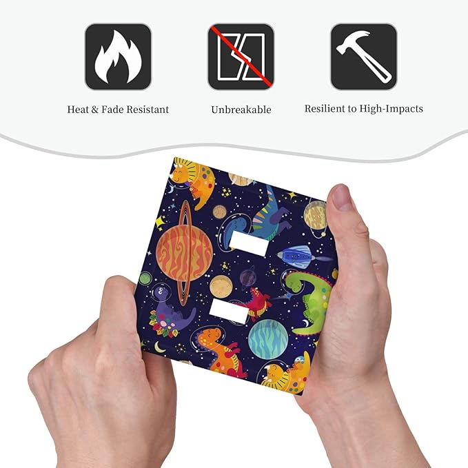 Ocean Blue Cute Cartoon Dino Kids Dinosaur 2 Gang Double Toggle Outlet Light Switch Wall Plate Outlet Cover Astronaut Universe Galaxy Outer Space Planet Nebula Boys Electrical Faceplate Switchplate