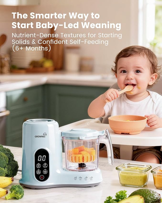 Grownsy Baby Food Maker with Steam Basket, One Step Baby Food Processor Steamer Puree Blender Grinder Mills Machine, Auto Cooking Grinding and Sterili-zing for Healthy Homemade Baby Food, Blue