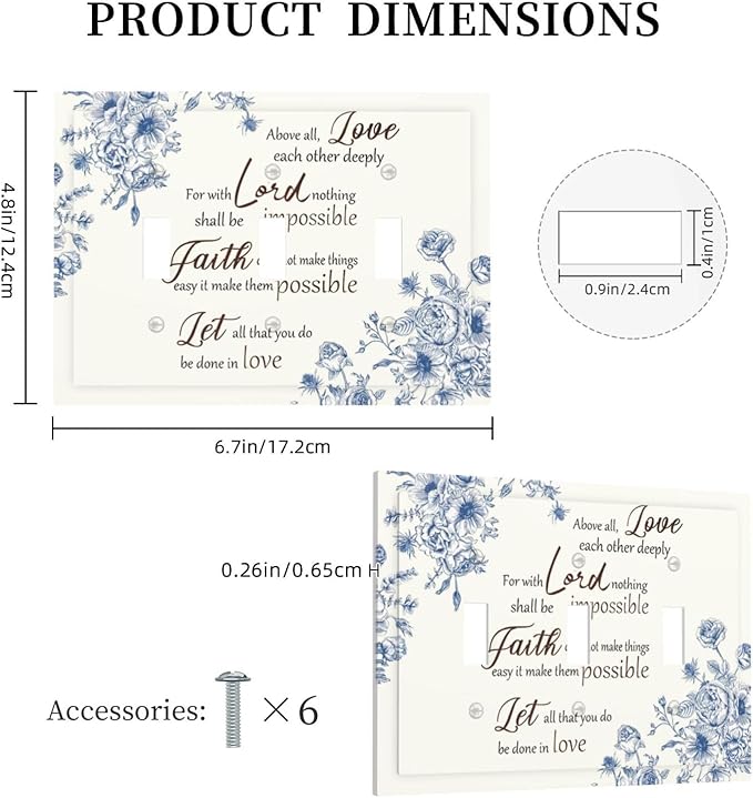Decorative Light Switch Cover Plate Inspirational Quotes Blue Flower Floral 3 Gang Wall Plates for Electrical Outlets Triple Toggle Switch Plate Covers Outlet Covers Faceplate for Home Decor