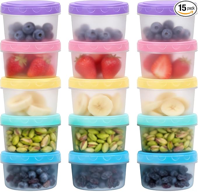 8 Oz Plastic Containers with Lids, 15 Pack 1-Cup Reusable Small Freezer Storage Containers with Screw Top for Food Snack Portion Meal Prep, Ultra Thick, Microwave Freezer Dishwasher Safe, 5 Colors