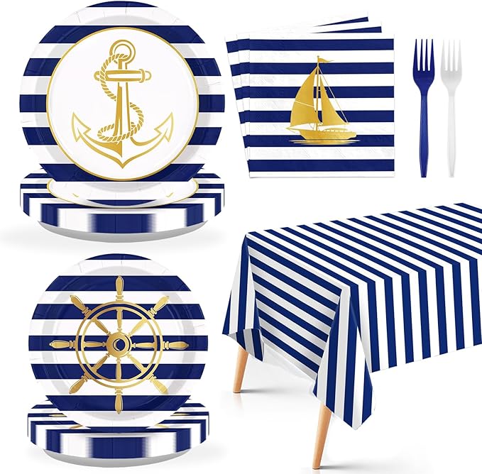 98 Pcs Nautical Party Supplies Sailing Decoration Plates and Napkins White and Blue Tableware Set for Boy Birthday Baby Shower Nautical Theme Celebrations Serves 24