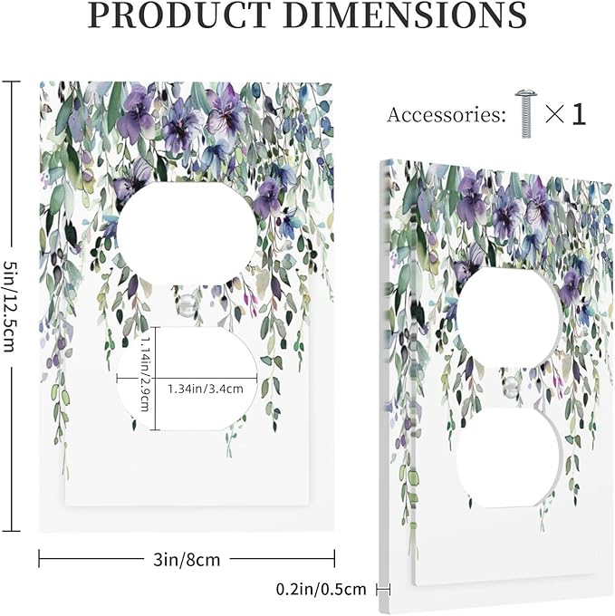 Decorative Outlet Covers Blue Purple Eucalyptus Leaves Boho Botanical 1 Gang Duplex Light Switch Cover Plate Electrical Switch plates WallPlates Socket Covers for Bathroom Home Decor