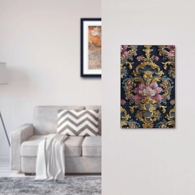 Decorative Light Switch Cover Plate Rococo Pink Floral Flower Gold Leaf 1 Gang No Device Single Blank Outlet Covers Wall Plates for Electrical Outlets Faceplate for Bedroom Home Decor