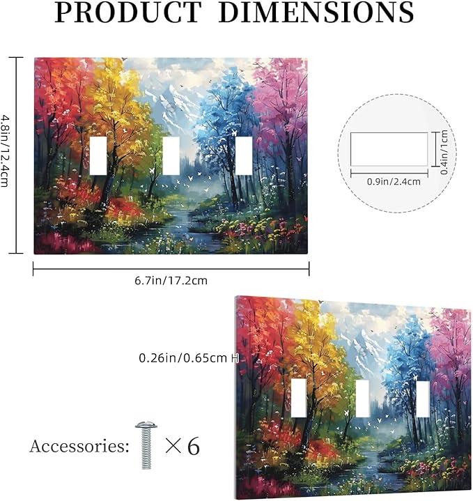 Colorful Forest Snow Mountain River Oil Painting Style Decorative Switch Plates 3 Gang Wall Plate Triple Toggle Light Switch Cover Faceplate Electrical Wall Panels for Bedroom Living Room Decor