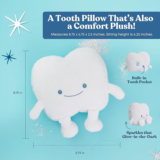 Tooth Fairy Pillow for Kids with Tooth Pocket, Tugs The Tooth Pillow, Comfort Plush for Loose Teeth, Big Feelings & Bedtime, Glow in The Dark, Ages 3+