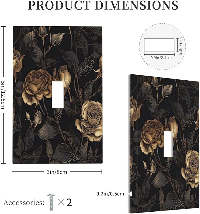 Black Floral Dark Vintage Gold Rose Flower Decorative Light Switch Cover 1 Gang Single Toggle Device Electrical Faceplate Switchplates Decorator Outlet Wall Plate for Bedroom Living Room Decor