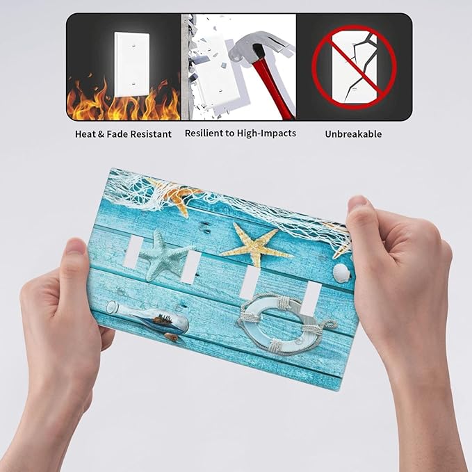 Turquoise Teal Fishing Net Wood Plank 4 Gang Device Light Switch Cover Decorative Quad Toggle Wall Plate Decorative Electrical Faceplate for Home Bedroom Art Decorate