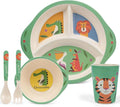Kids Dinnerware Set, 5-Piece Mealtime Tableware for Children & Toddlers – Includes Divided Plate, Bowl, Cup, Fork & Spoon – Natural Bamboo Fiber, BPA-Free, Dishwasher Safe (Forest Animal)