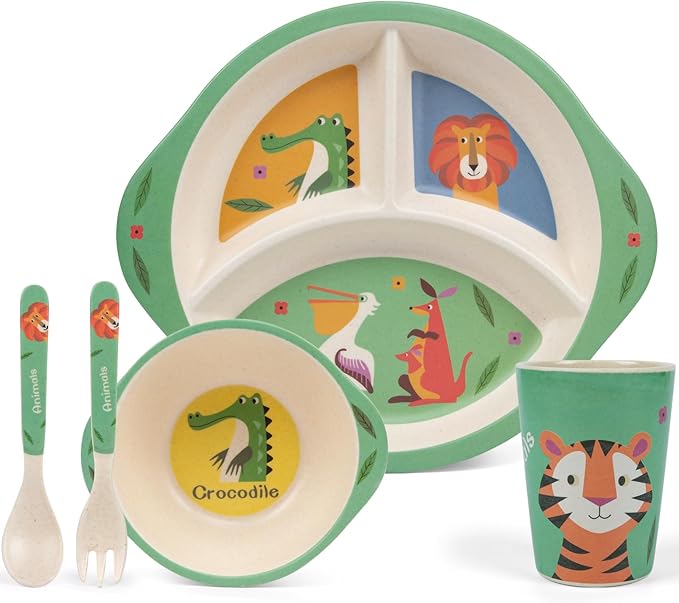 Kids Dinnerware Set, 5-Piece Mealtime Tableware for Children & Toddlers – Includes Divided Plate, Bowl, Cup, Fork & Spoon – Natural Bamboo Fiber, BPA-Free, Dishwasher Safe (Forest Animal)
