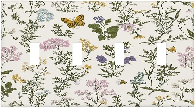 Light Switch Covers Vintage Colorful Flowers Butterfly Floral Quad Toggle Electrical Faceplate 4 Gang Wall Plate Decorative Switch Plates For Bed Room Living Room Decor