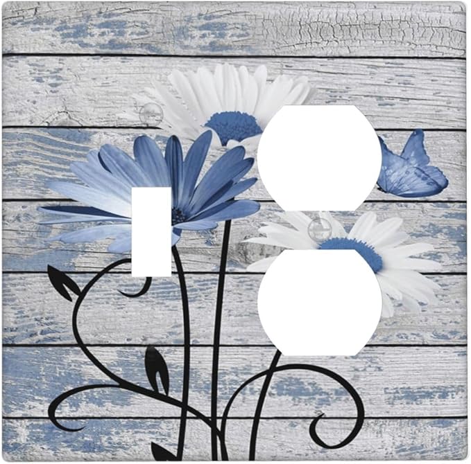 Blue White Daisy Flower Butterfly Rustic Wood Board Wallplates 1 Toggle 1 Duplex Switch Plate Electrical GFCI Faceplate Decorative Light Switch Covers for Farmhouse Bedroom Decor