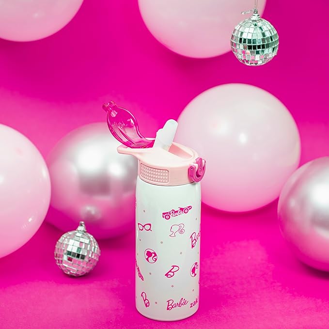 Zak Designs Barbie Porter Water Bottle for Travel and At Home, 19 oz Vacuum Insulated Stainless Steel with Locking Spout Cover, Built-In Carrying Loop, Leak-Proof Design (Barbie)