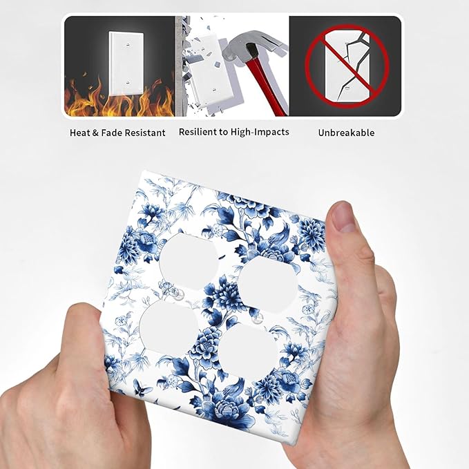 Blue Flower White Floral Plant Bird Butterfly Outlet Covers 2 Gang Double Duplex Decorative Light Switch Covers Electrical Wallplates Socket Faceplate for Bedroom Living Room Decor