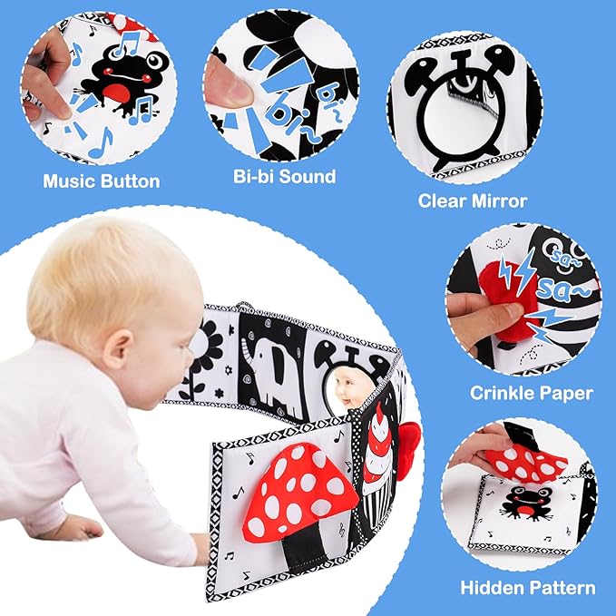 Black and White High Contrast Toys for Baby 0-3 3-6 months Infant Tummy Time Soft Book Sensory Musical Toy 0-2-4-6 month Babies Brain Development Crinkle Book Mirror Newborn Easter Basket Stuffer