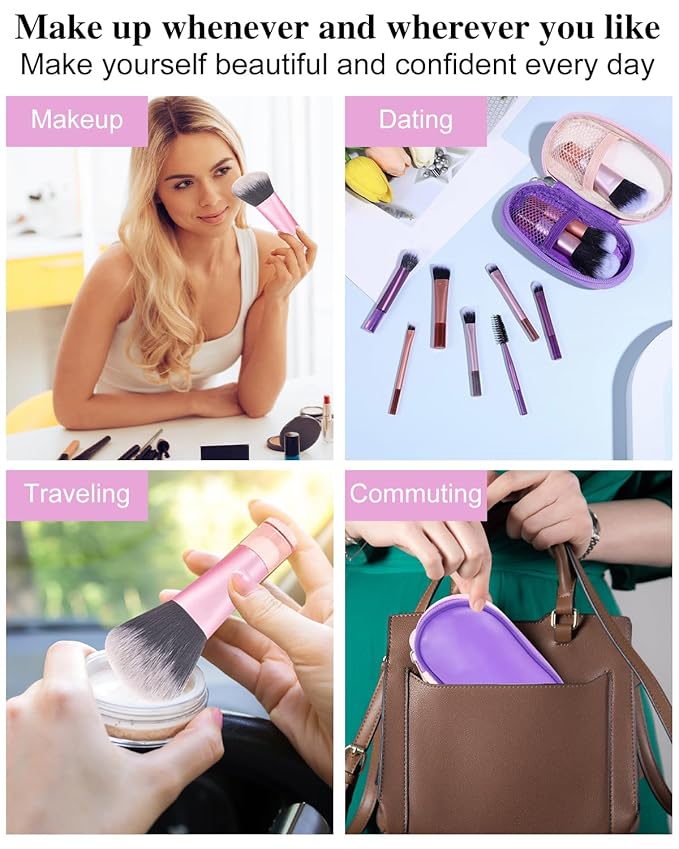 PGRODE Mini Travel Makeup Brushes Set, 14 Pieces, Portable Full Complete Function Cosmetic Kit with Brush Pouch, On the Go Short Makeup Brush Small Travel Essentials for Kids, Women, Girls (Colorful)