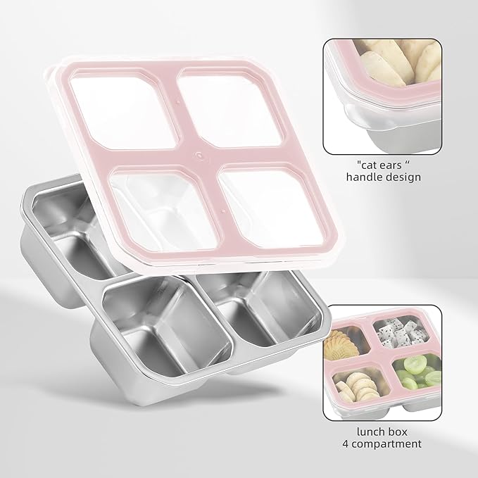 BEFOY 4 Pack Stainless Steel Snack Containers with Lids 4 Compartment Food Storage Containers for Adults & Kids Meal Prep Containers Reusablele (PINK, 2)
