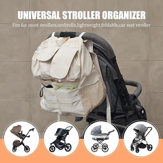 2-in-1 Stroller Organizer Baby Diaper Bag Backpack,Insulated Bottle Holder,Wipes and Phone Pocket,Shoulder Strap Toddler Travel Essential Storage Universal Stroller Accessory (Beige)