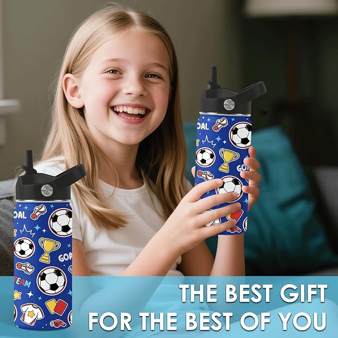 Soccer Gifts for Kids - 16 Oz Kids Water Bottle with Straw Lid, Stainless Steel Insulated Tumbler, Leak Proof, BPA-Free, for Girls, School, Travel - Soccer Lovers Children Birthday Gifts Cups(1pc)