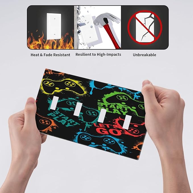 Gaming Hippie Gamer Modern Gamepad Colorful Graffiti Light Switch Covers Quad Toggle Electrical Faceplate 4 Gang Wall Plate Decorative Switch Plates Cover for Kids Room Nursery Decor