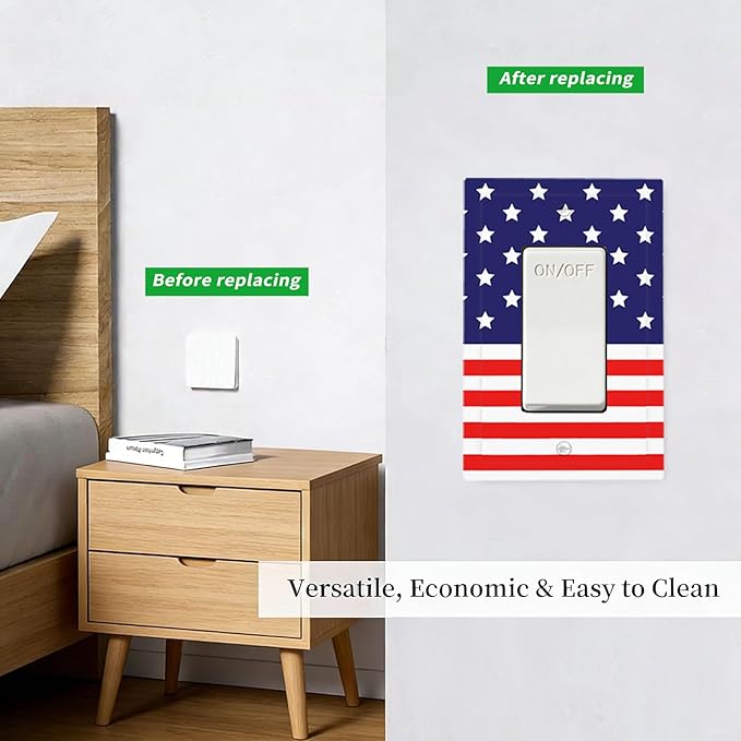 American Flag Single Rocker Switch Cover - 1-Gang Standard US Size Patriotic Stars & Stripes Light Switch Covers, 4th of July USA Pride for Holiday Decor