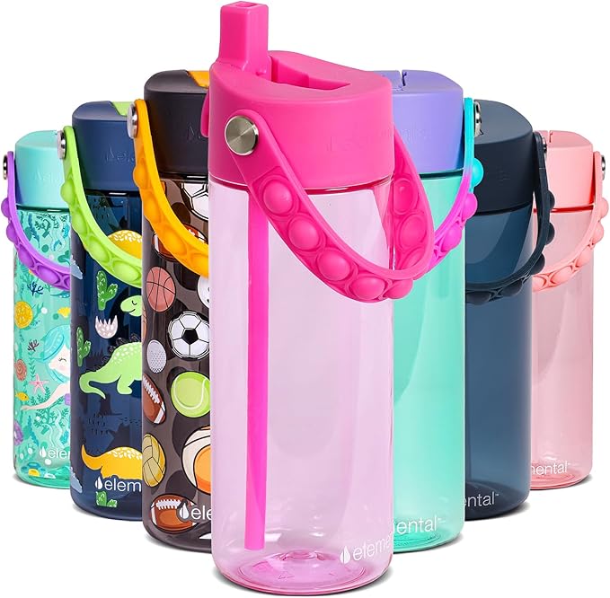 Elemental Water Bottles for Kids - Splash Kids Water Bottle for School with Pop-it Handle - BPA Free Tritan Plastic Water Bottle with Straw Leak Proof when Spout is Closed - Hot Pink - 18oz