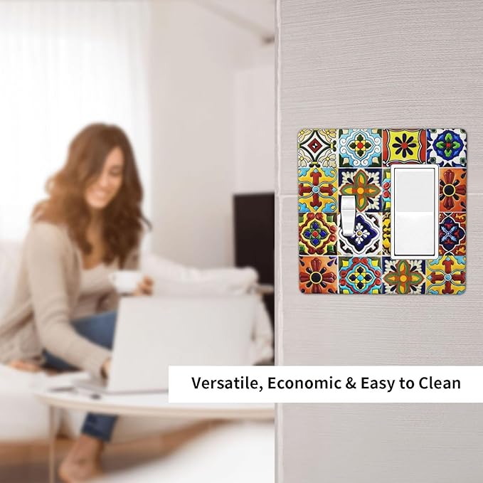 2-Gang 1-Toggle 1-Decorator/GFCI Device Combination Wallplate Colorful Mosaic Moroccan Mexican Boho Talavera Floral Ceramic Tile Combo Rocker/Toggle Receptacle Outlet Light Switch Cover Face Plate
