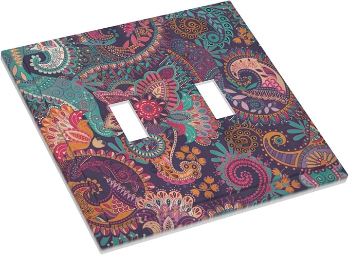 Mandala Boho Paisley Purple Floral Colorful Flower Decorative Switch Plates 2 Gang Double Toggle Outlet Light Switch Cover Wall Plate Electrical Faceplate for Home Bedroom Decor