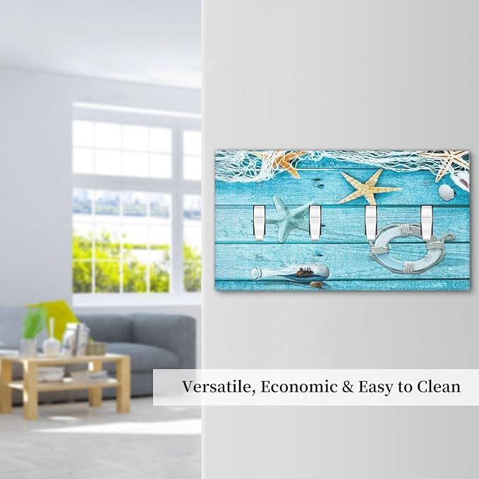 Turquoise Teal Fishing Net Wood Plank 4 Gang Device Light Switch Cover Decorative Quad Toggle Wall Plate Decorative Electrical Faceplate for Home Bedroom Art Decorate
