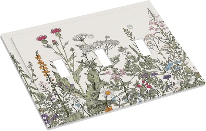 Vintage Colorful Wild Flower Floral 3 Gang Light Switch Cover Decorative Triple Toggle Wall Plate Electrical Faceplate Switch Plug Face Plate