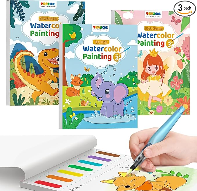 TECJOE 3 Pack Paint with Water Coloring Books for Toddlers, Mess Free Watercolor Painting Set with 6 Brushes, Travel Art Craft Toys Birthday Gifts for Kids Ages 3-8, Princess, Dinosaur & Forest
