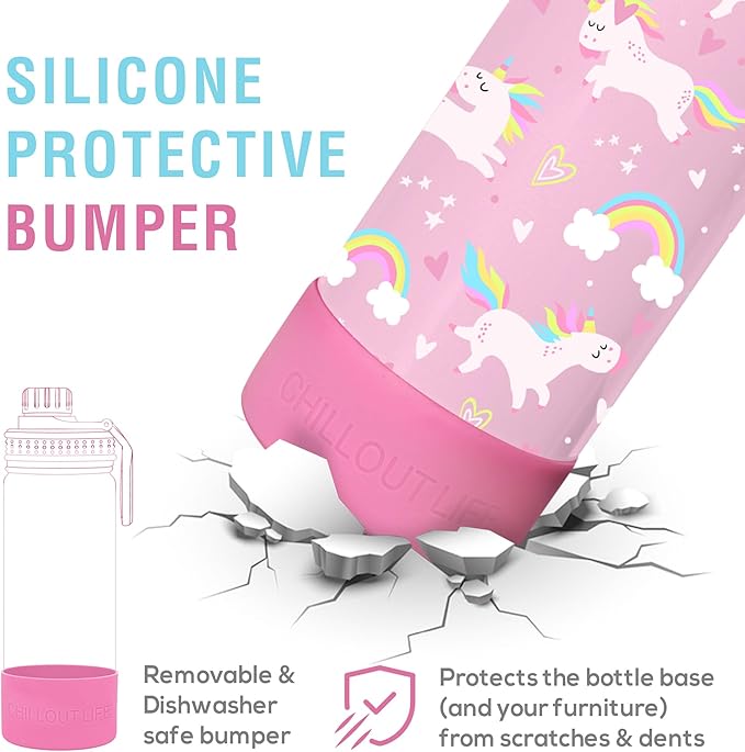 CHILLOUT LIFE 17 oz Kids Insulated Water Bottle for School with Leakproof Spout Lid and Cute Waterproof Stickers, Personalized Stainless Steel Thermos Flask Metal Water Bottle, Pink Unicorn
