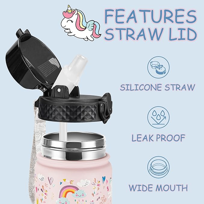 GOPPUS Kids Water Bottle (Straw Lid) - 18 Oz Stainless Steel Travel Bottle, Double Wall Vacuum Leak Proof Kids Cup for School Boys Girls,Unicorn Fields