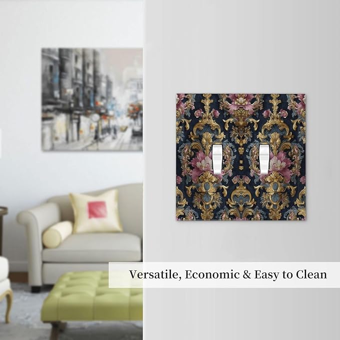 Decorative Light Switch Cover Plate Rococo Pink Floral Flower Gold Leaf 2 Gang Outlet Covers Double Toggle Wall Plates for Electrical Outlets Switch Plate Covers Faceplate for Home Decor